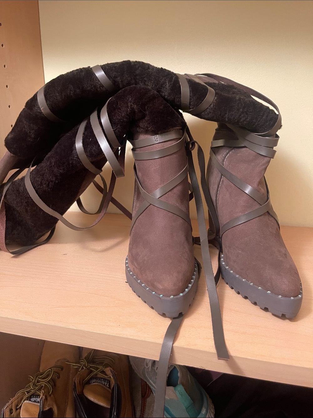 Ivy Kirzhner Brown Suede Lace-Up Wedge Boots